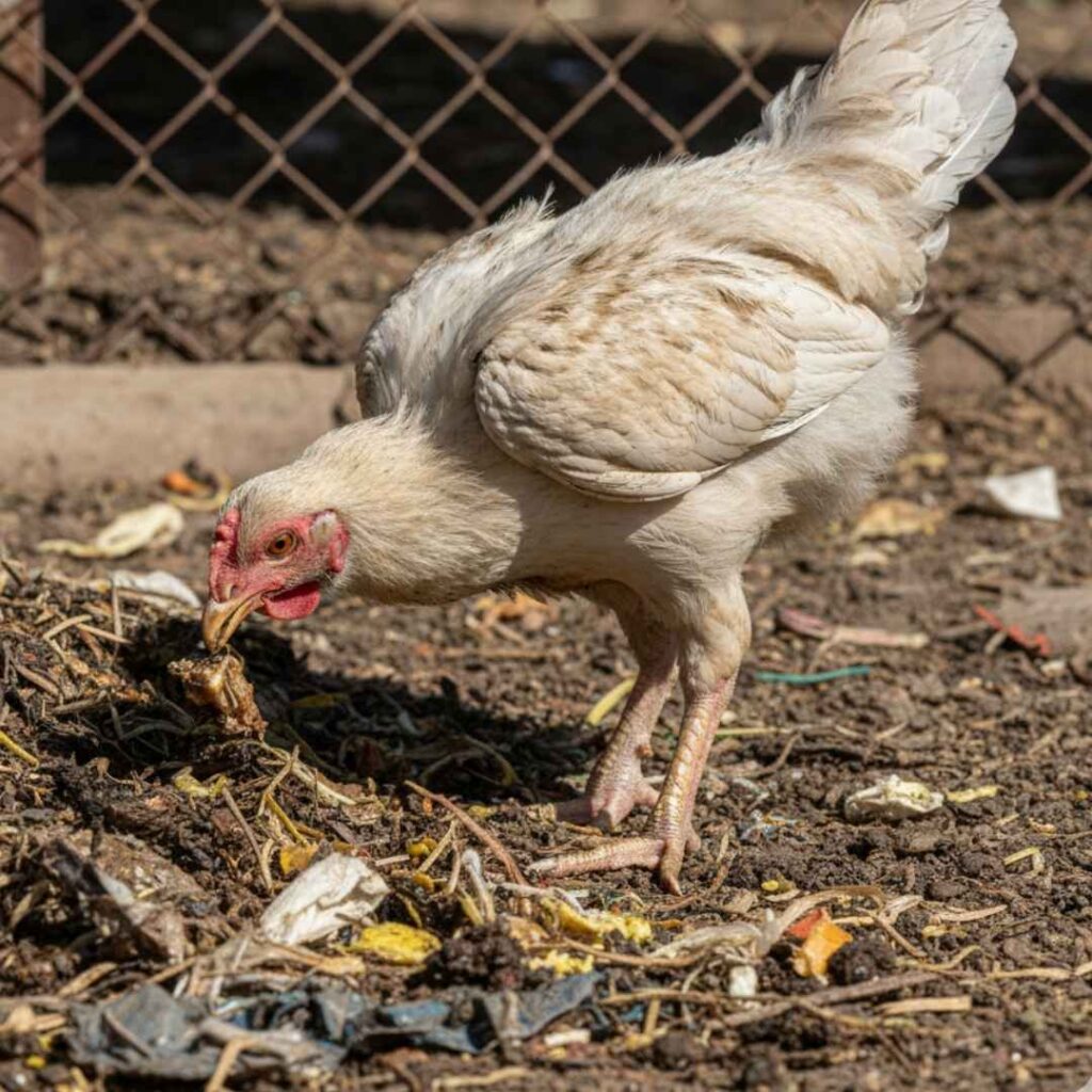 A chicken eating the filthy or impure substances