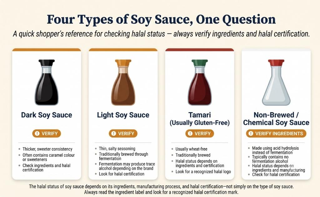 Visual of Four Types of Soy Sauce and it's Fiqh Rulling