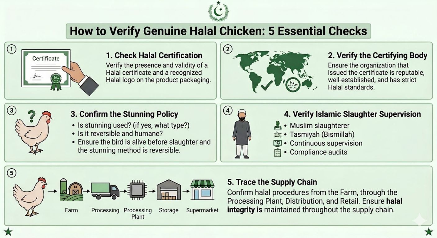 Five essential checks to verify genuine halal chicken including certification, stunning policy, slaughter supervision, and supply chain verification