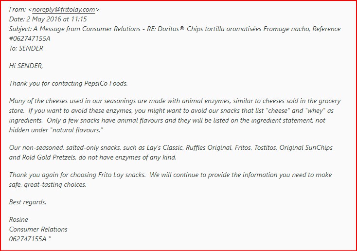 Doritos confirmed animal enzyme on the chips