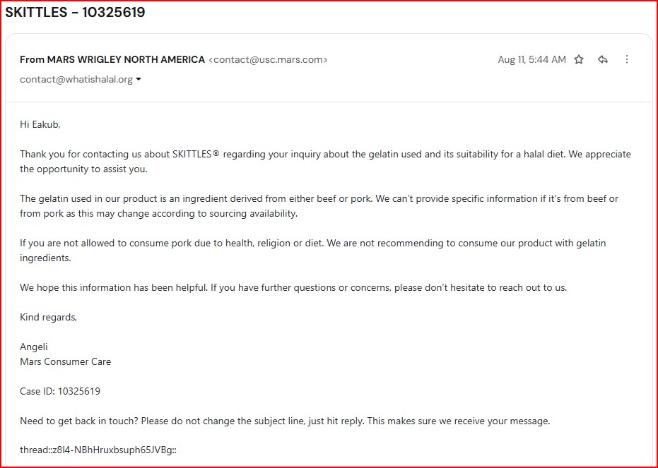 Email Screenshot from Mars about are skittles halal